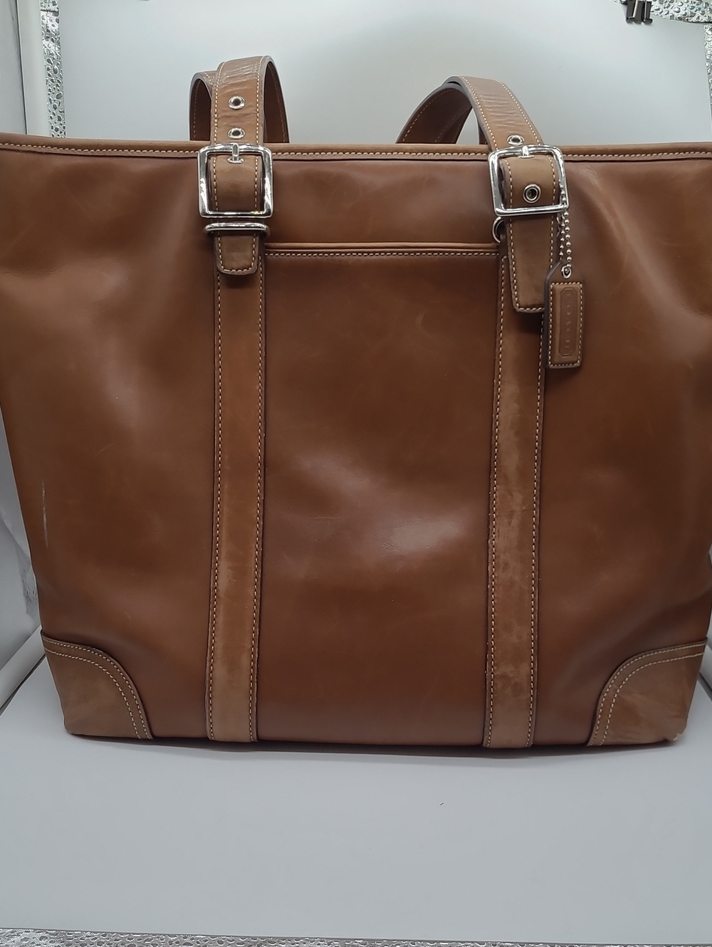 Coach Leather Tote Bag - Tan Brown with Silver Hardware